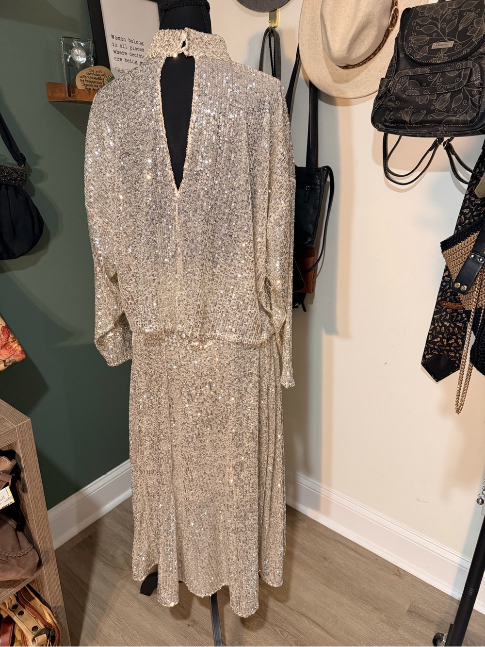 H&M Silver Sequin Maxi Skirt & Top Size 4 Long Sleeve Mock Neck Open Back Glam - Picture 3 of 6